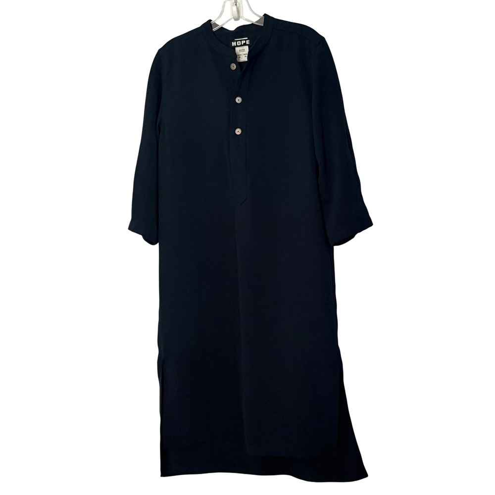 HOPE Stockholm Flex Dress Navy Blue Henley Maxi Mandarin Collar - 40
